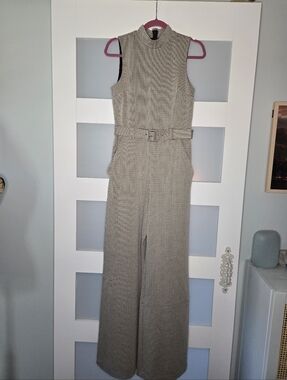 Express Sleeveless Houndstooth Wide-Leg Jumpsuit with Belt